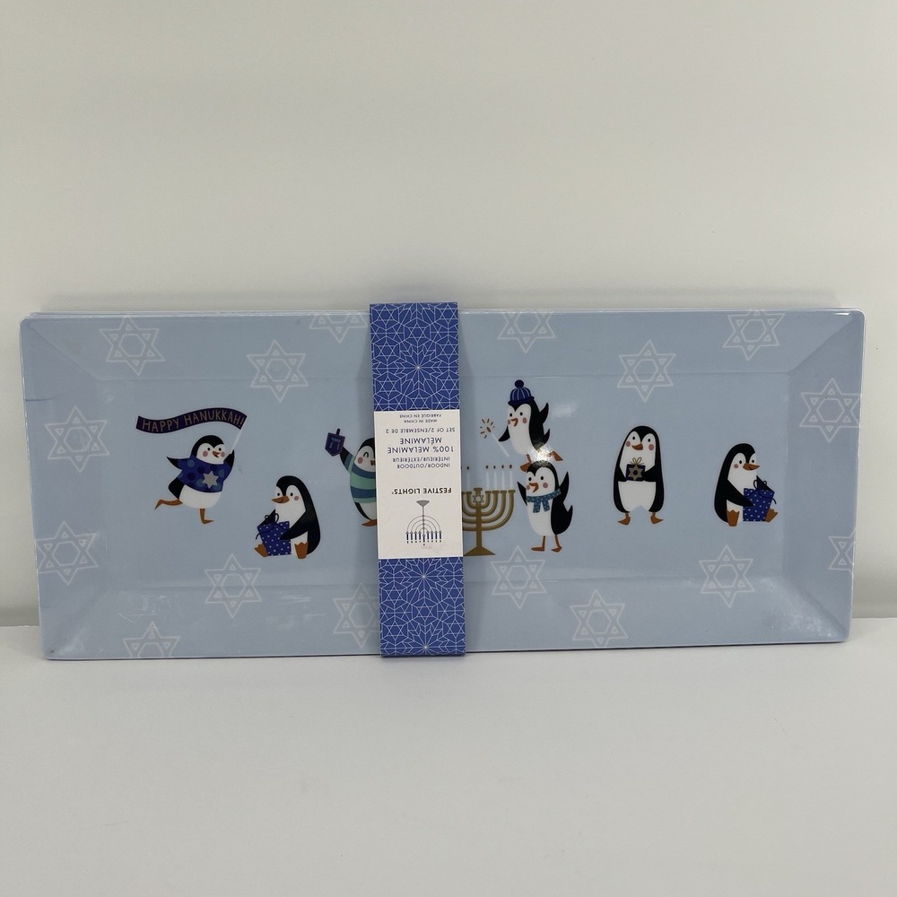 Set of 2 Festive Lights Melamine Serving Trays 19"X8" Hanukkah Chanukah Penguins